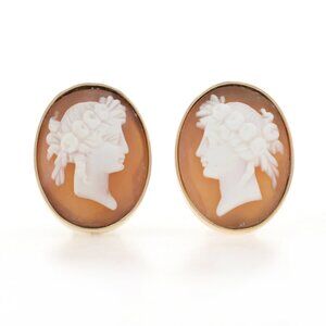 Yellow Gold Carved Shell Cameo Vintage Stud Earrings - 14k Non-Pierced Clip-Ons